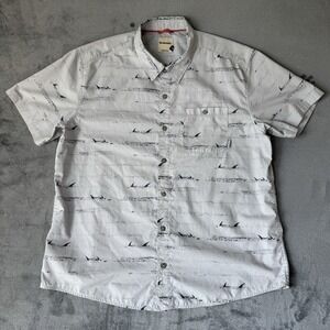 Simms Camp Shark Fin Shirt Mens XL Gray AOP Short Sleeve Fishing Button Up